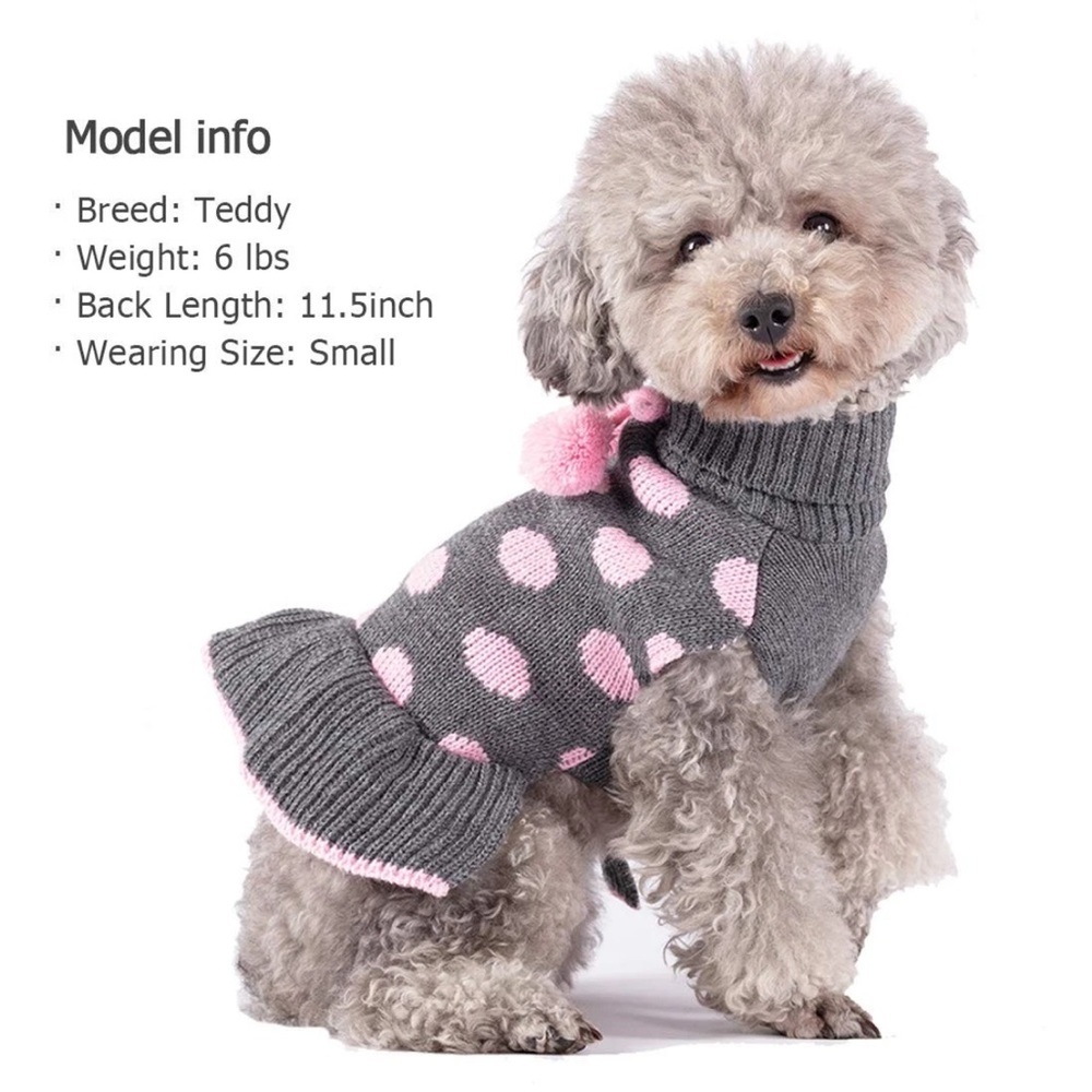 KYEESE Dog Sweater dress Grey/Pink Polka Dot w/ PomPom Size Small